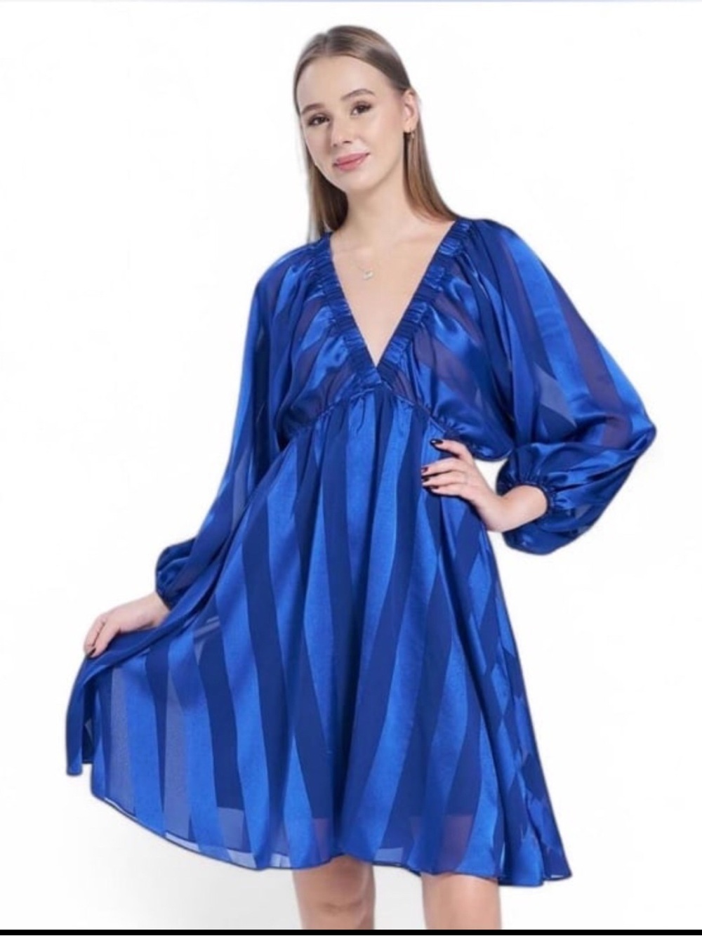 Deep V-Neck Blue Satin Stripe Babydoll Robe